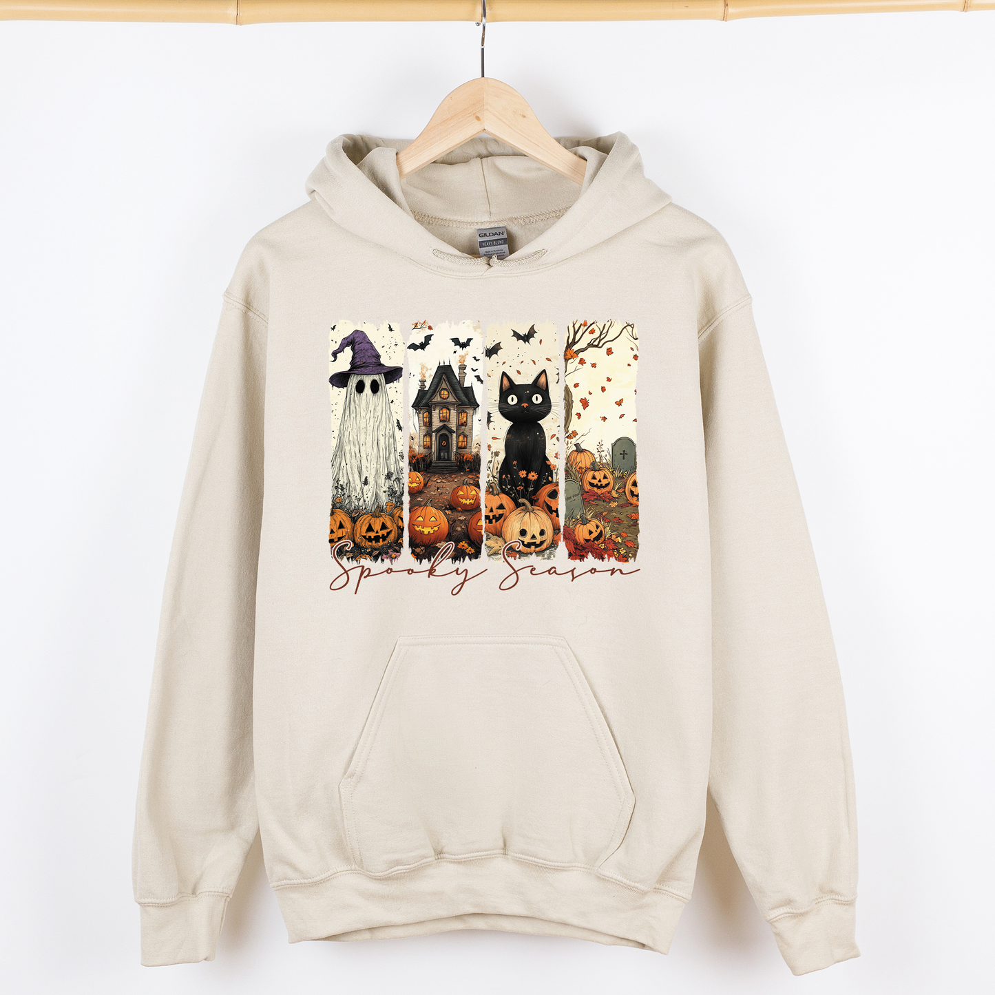 Spooky Season, Stripes, Halloween, Cat, Ghost, Pumpkins, Autumn, Fall, Graphic Hoodie, Hooded Sweatshirt