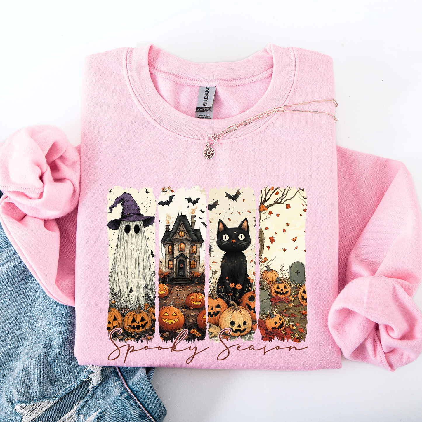 Spooky Season, Stripes, Halloween, Cat, Ghost, Pumpkins, Autumn, Fall Sweatshirt