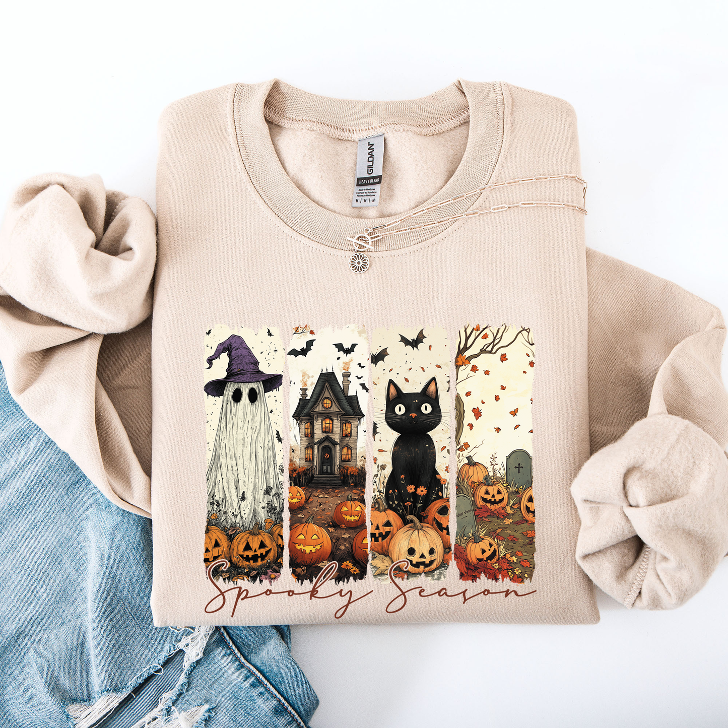 Spooky Season, Stripes, Halloween, Cat, Ghost, Pumpkins, Autumn, Fall Sweatshirt