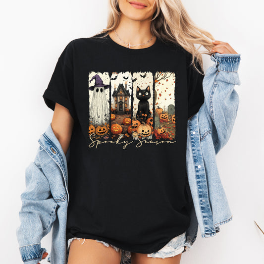 Spooky Season, Stripes, Halloween, Cat, Ghost, Pumpkins, Autumn, Fall, Tshirt