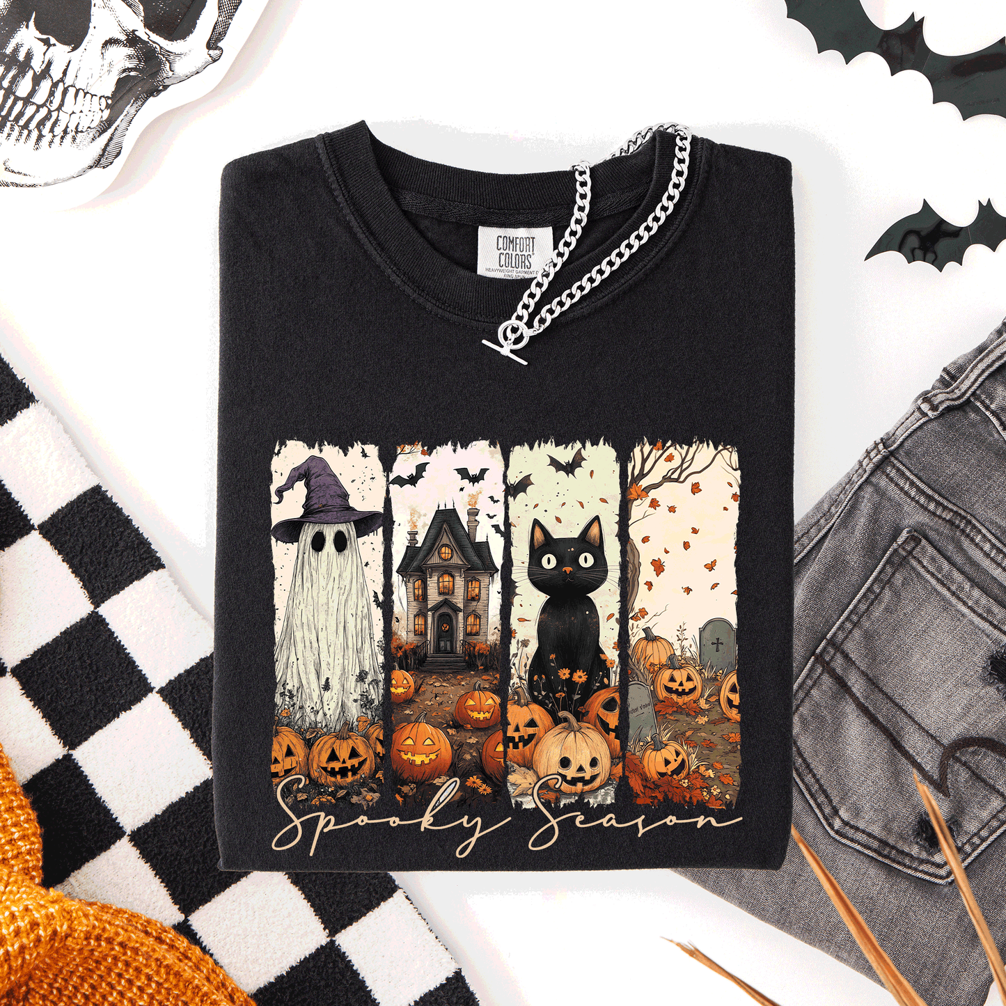 Spooky Season, Stripes, Halloween, Cat, Ghost, Pumpkins, Autumn, Fall, Comfort Colors T-Shirt