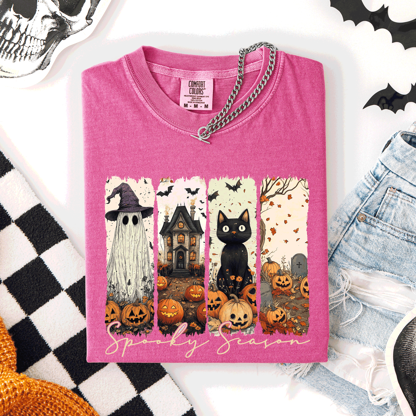 Spooky Season, Stripes, Halloween, Cat, Ghost, Pumpkins, Autumn, Fall, Comfort Colors T-Shirt