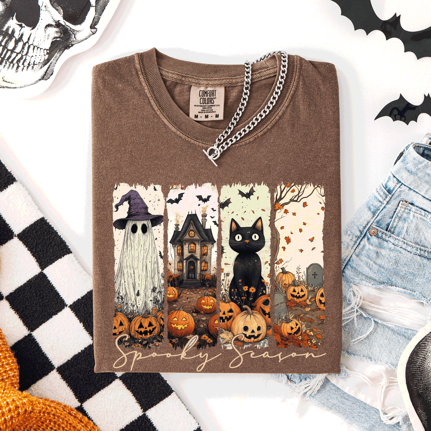 Spooky Season, Stripes, Halloween, Cat, Ghost, Pumpkins, Autumn, Fall, Comfort Colors T-Shirt