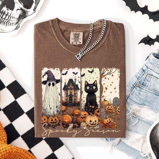 Spooky Season, Stripes, Halloween, Cat, Ghost, Pumpkins, Autumn, Fall, Comfort Colors T-Shirt