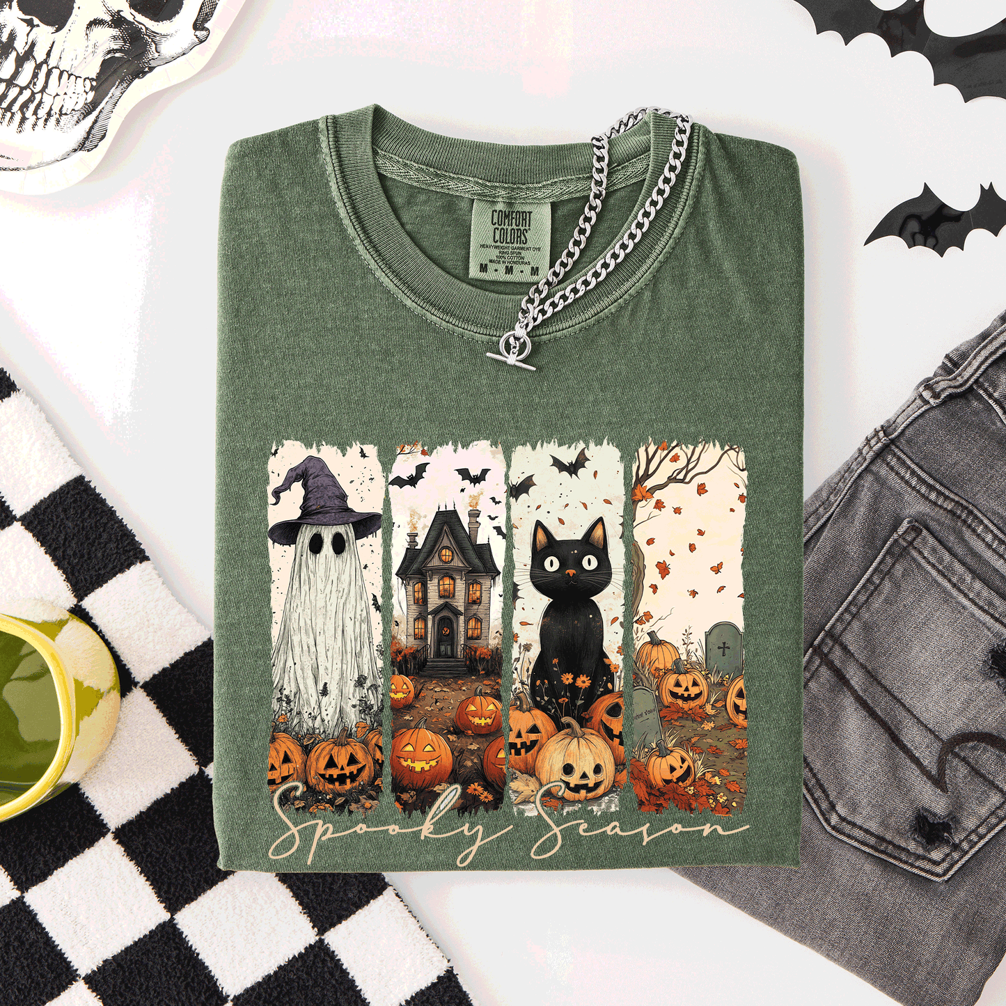 Spooky Season, Stripes, Halloween, Cat, Ghost, Pumpkins, Autumn, Fall, Comfort Colors T-Shirt