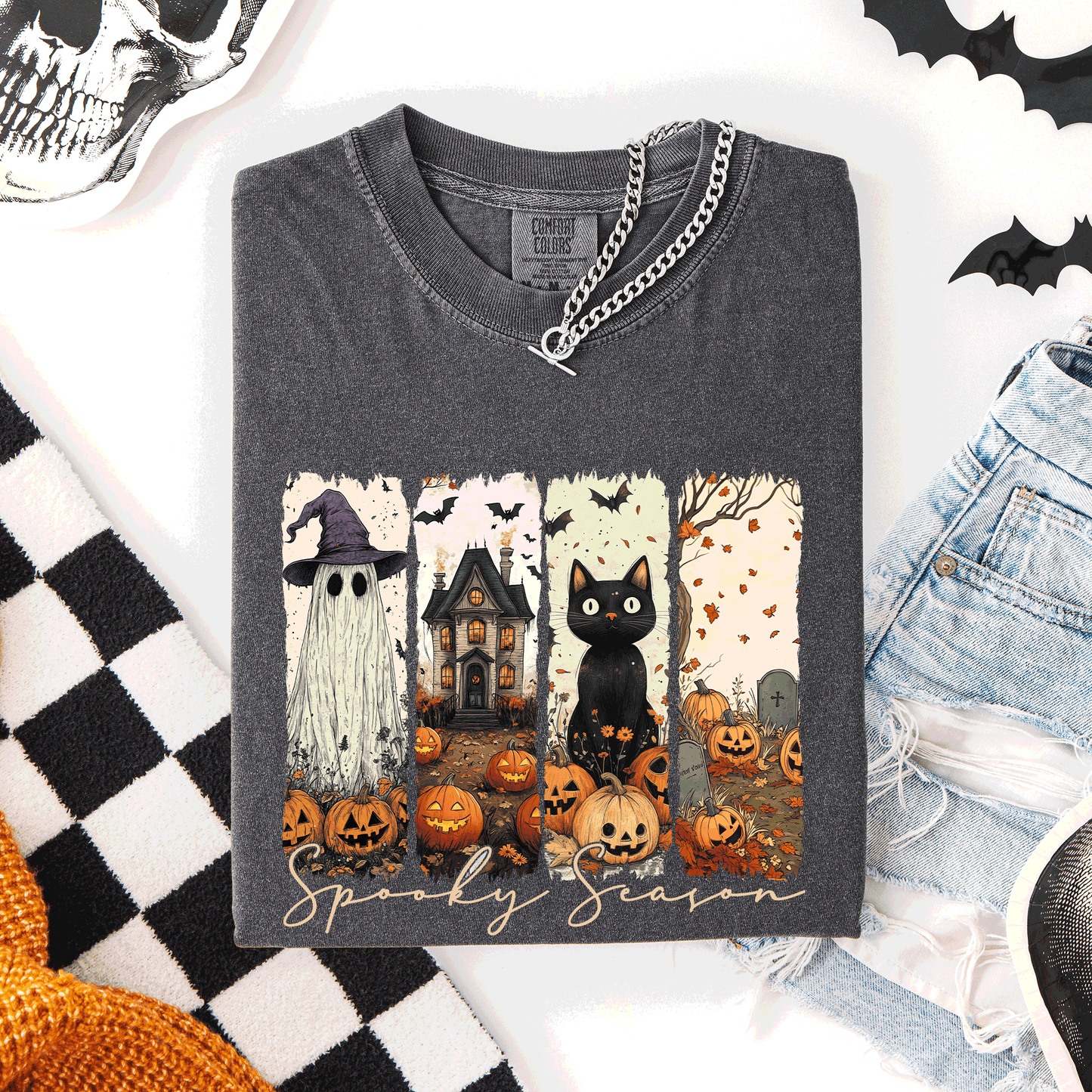 Spooky Season, Stripes, Halloween, Cat, Ghost, Pumpkins, Autumn, Fall, Comfort Colors T-Shirt