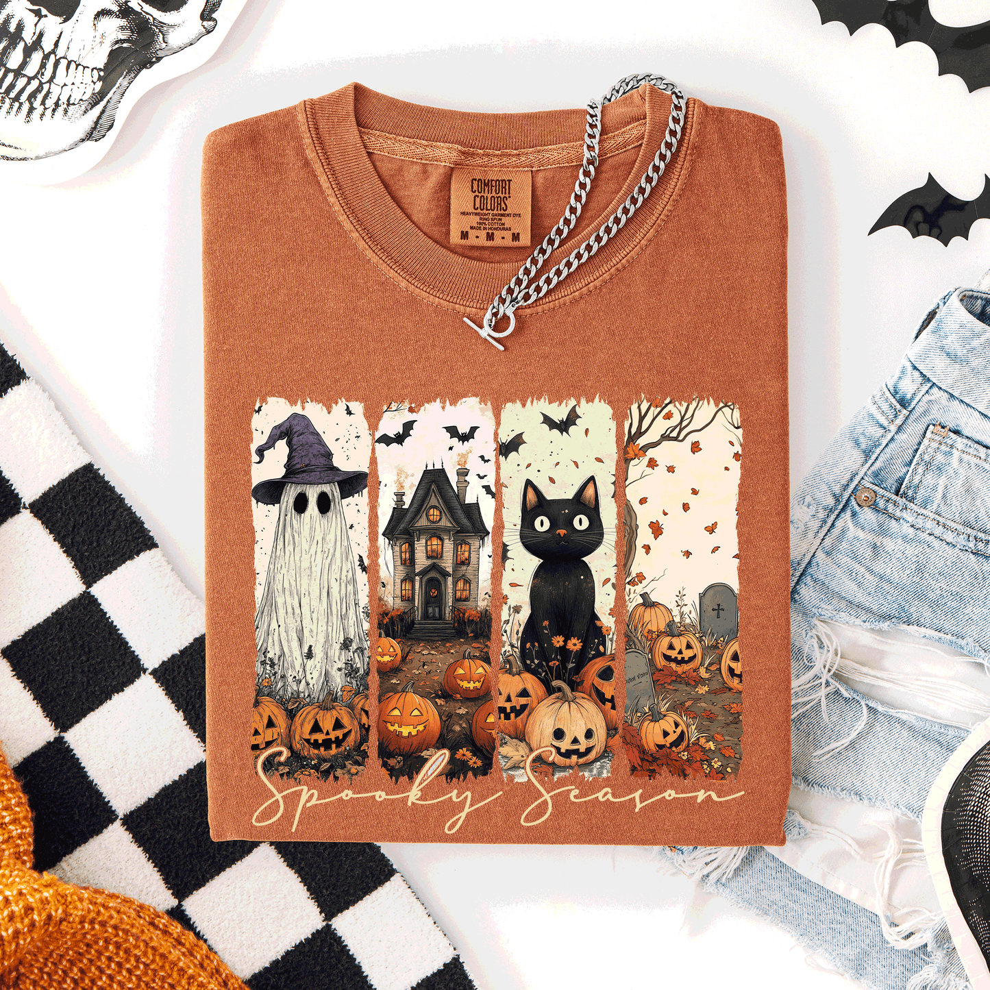 Spooky Season, Stripes, Halloween, Cat, Ghost, Pumpkins, Autumn, Fall, Comfort Colors T-Shirt