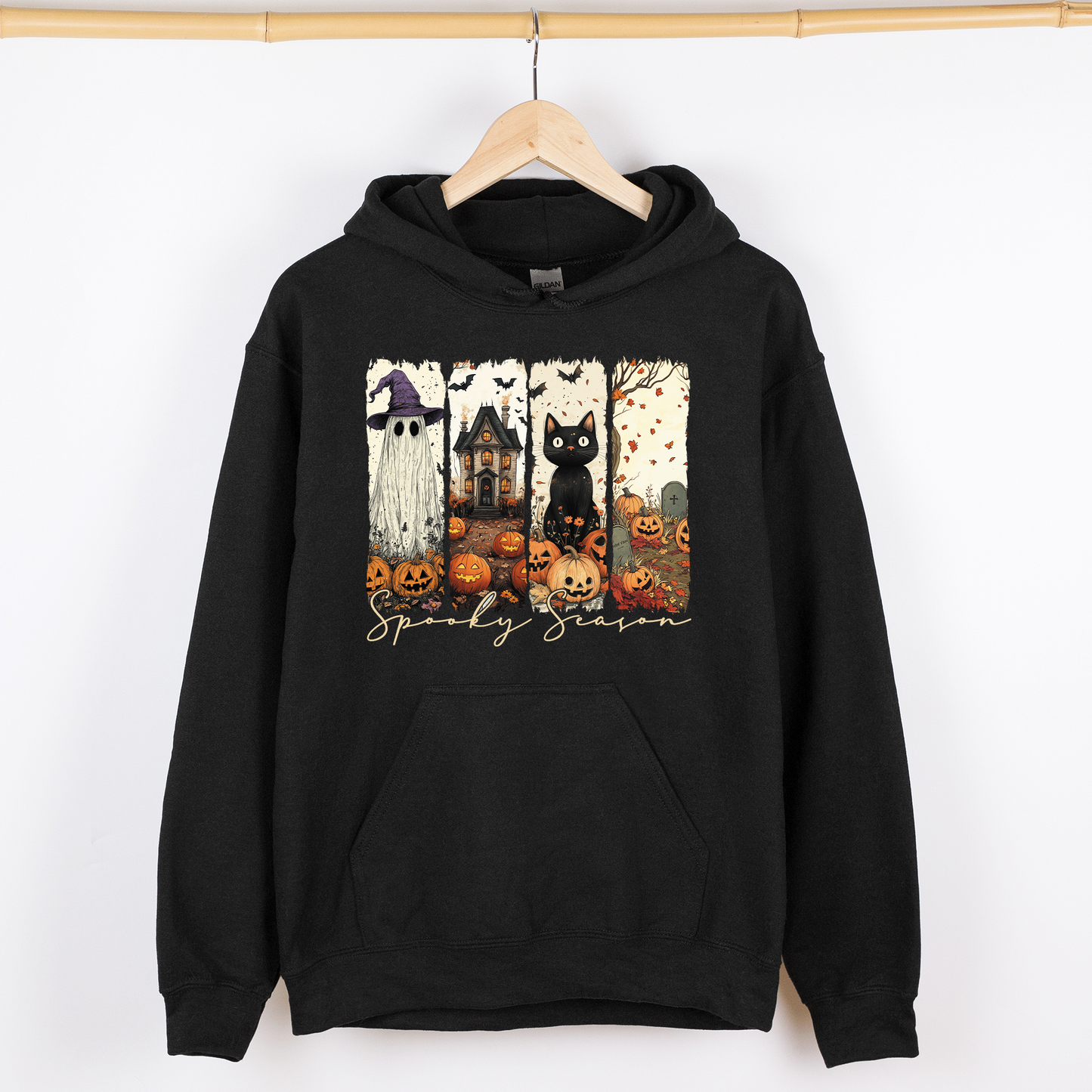 Spooky Season, Stripes, Halloween, Cat, Ghost, Pumpkins, Autumn, Fall, Graphic Hoodie, Hooded Sweatshirt