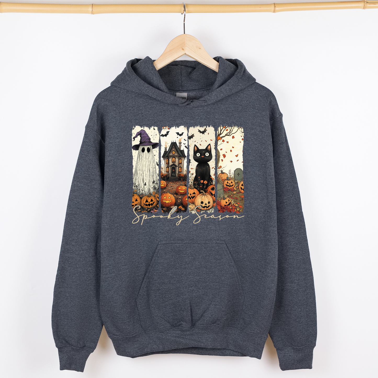 Spooky Season, Stripes, Halloween, Cat, Ghost, Pumpkins, Autumn, Fall, Graphic Hoodie, Hooded Sweatshirt