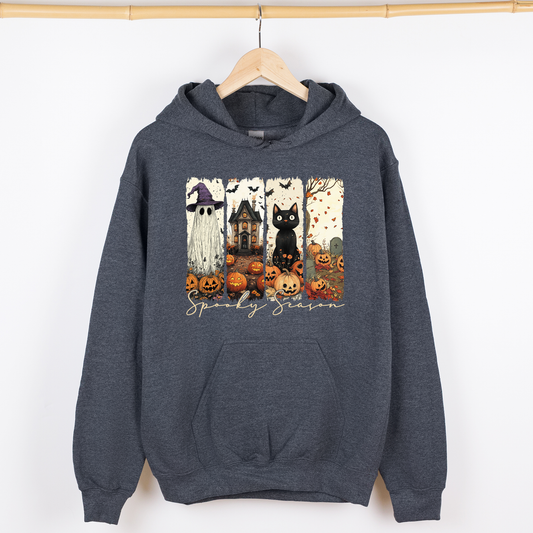 Spooky Season, Stripes, Halloween, Cat, Ghost, Pumpkins, Autumn, Fall, Graphic Hoodie, Hooded Sweatshirt