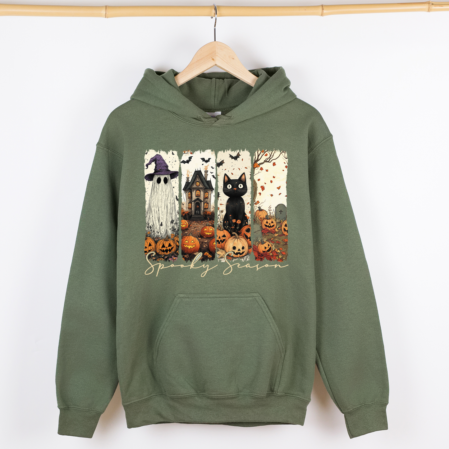 Spooky Season, Stripes, Halloween, Cat, Ghost, Pumpkins, Autumn, Fall, Graphic Hoodie, Hooded Sweatshirt
