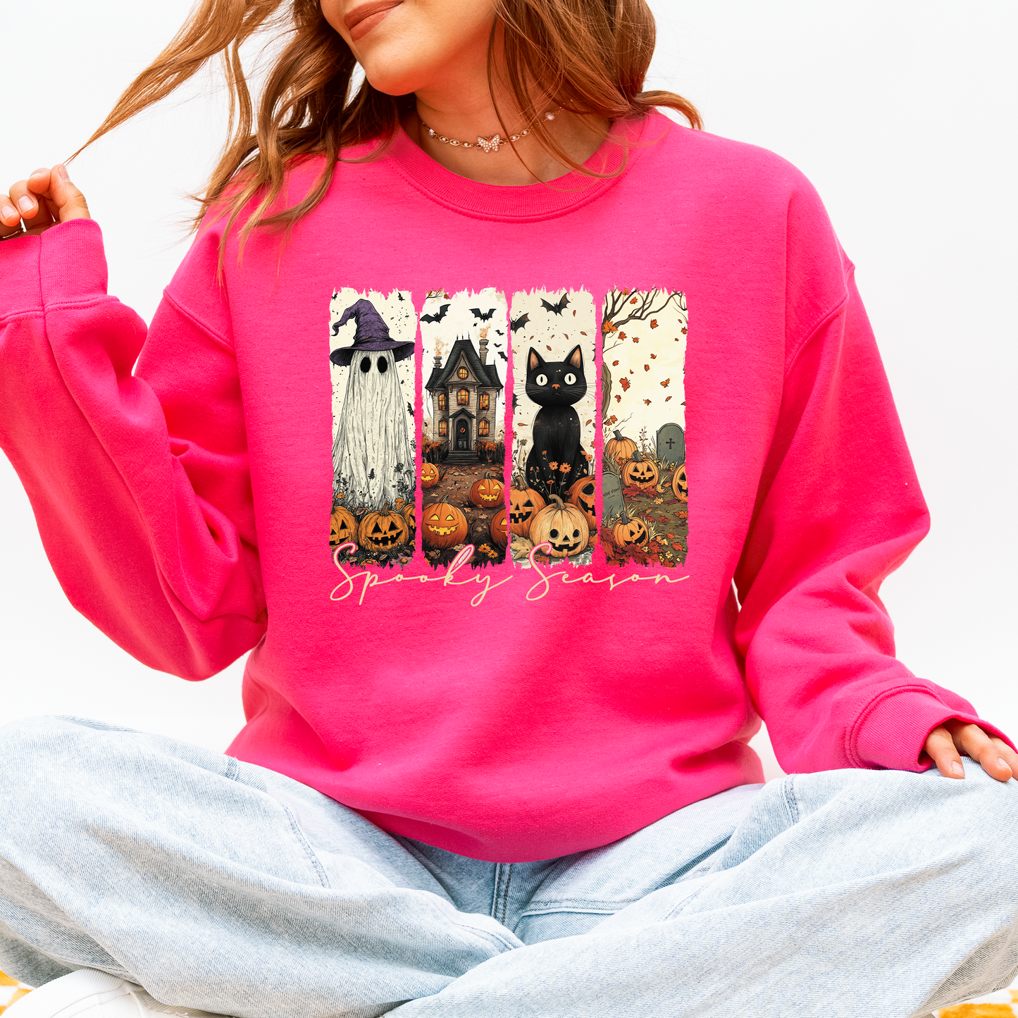Spooky Season, Stripes, Halloween, Cat, Ghost, Pumpkins, Autumn, Fall Sweatshirt