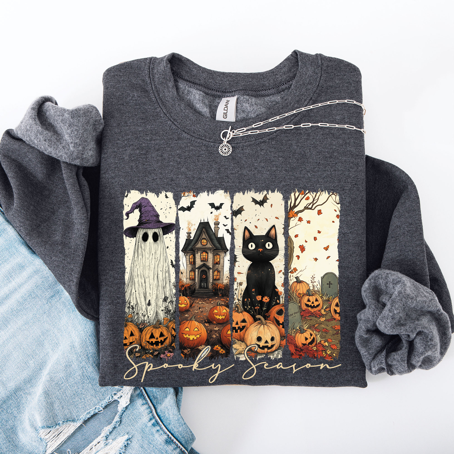 Spooky Season, Stripes, Halloween, Cat, Ghost, Pumpkins, Autumn, Fall Sweatshirt