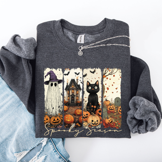 Spooky Season, Stripes, Halloween, Cat, Ghost, Pumpkins, Autumn, Fall Sweatshirt