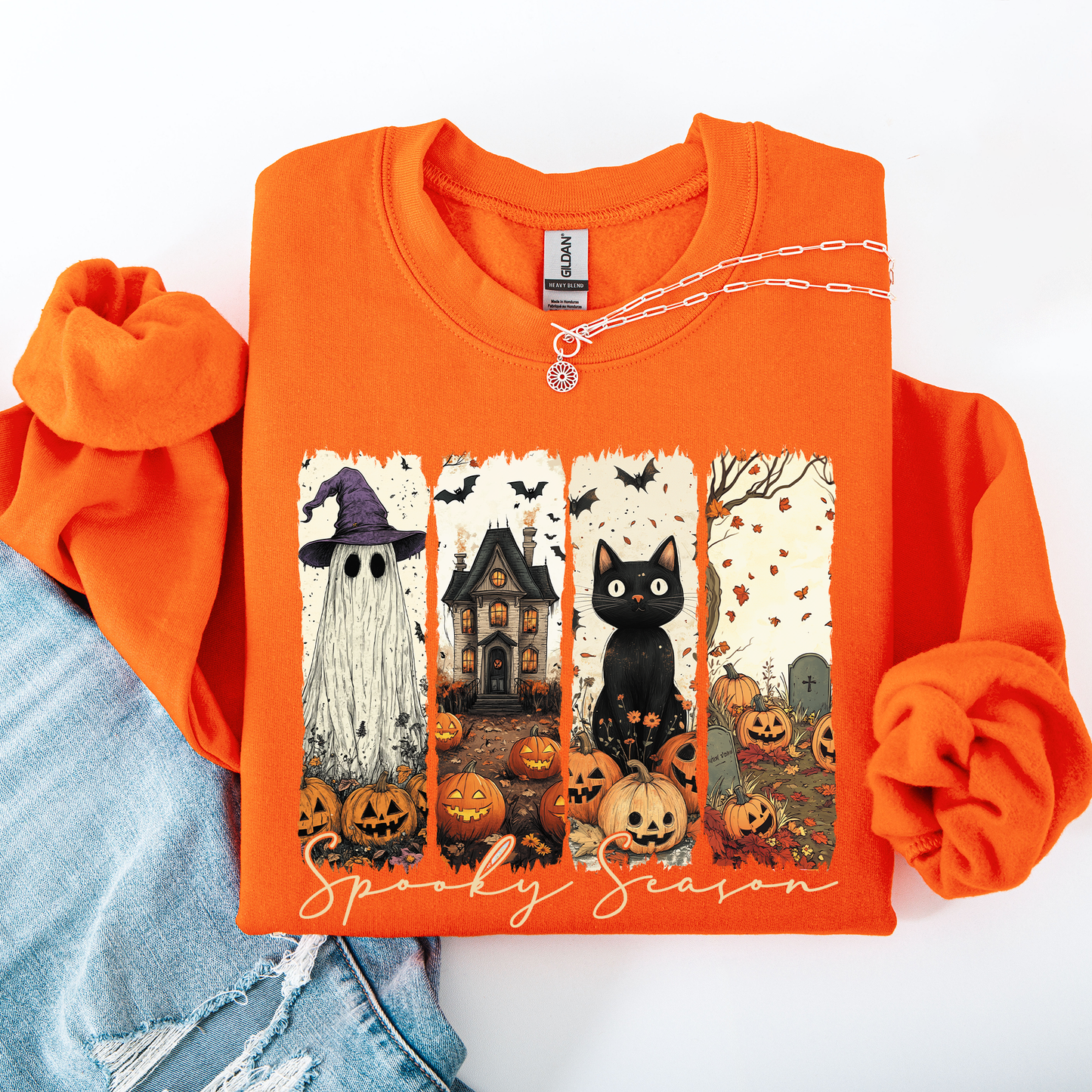 Spooky Season, Stripes, Halloween, Cat, Ghost, Pumpkins, Autumn, Fall Sweatshirt