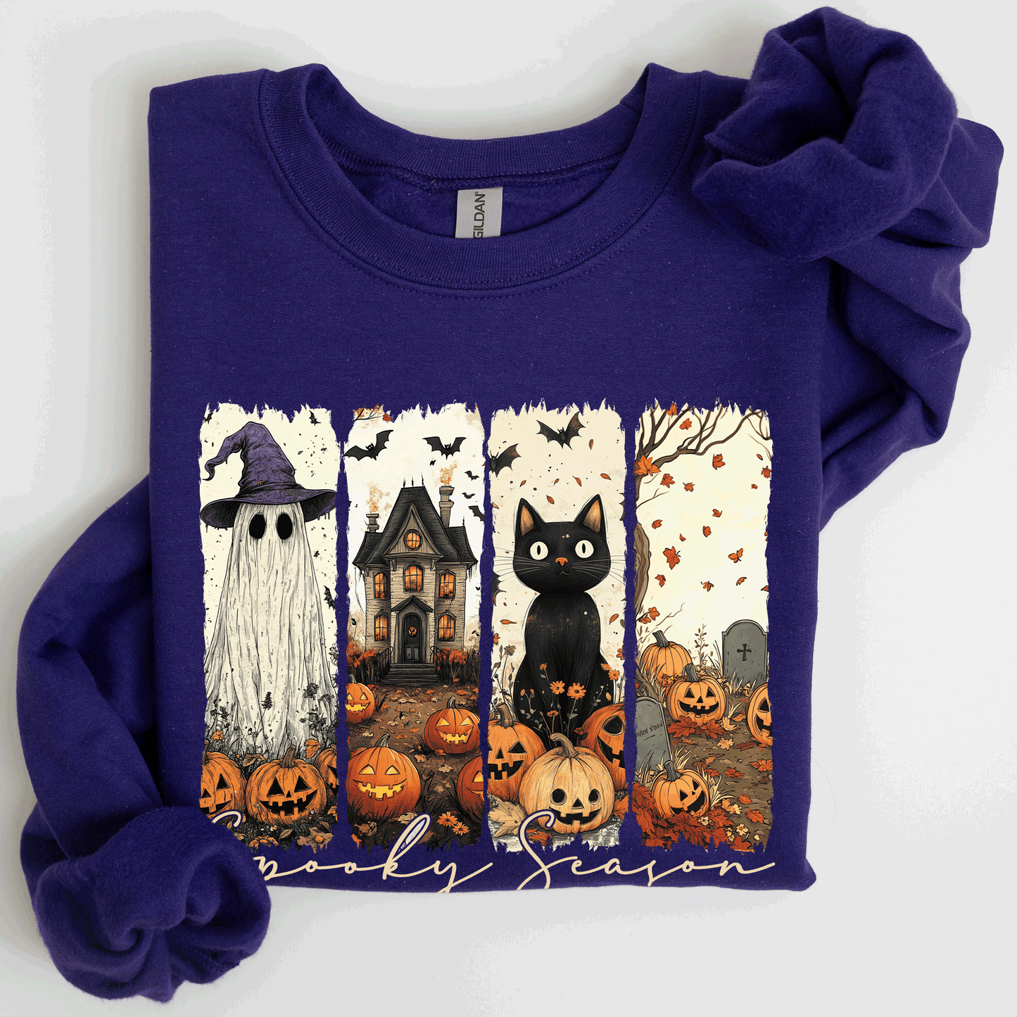 Spooky Season, Stripes, Halloween, Cat, Ghost, Pumpkins, Autumn, Fall Sweatshirt