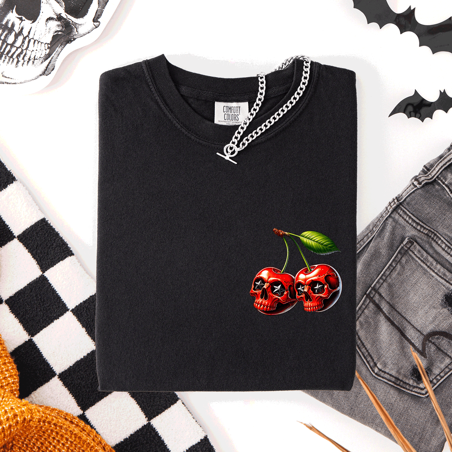 Spooky Skull Cherries, Halloween, Skeleton, Stars, Comfort Colors T-Shirt