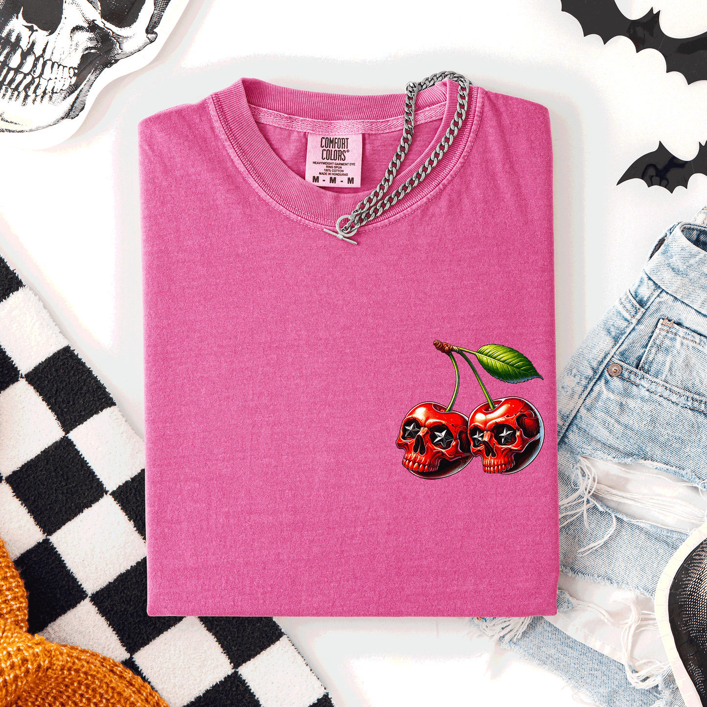 Spooky Skull Cherries, Halloween, Skeleton, Stars, Comfort Colors T-Shirt