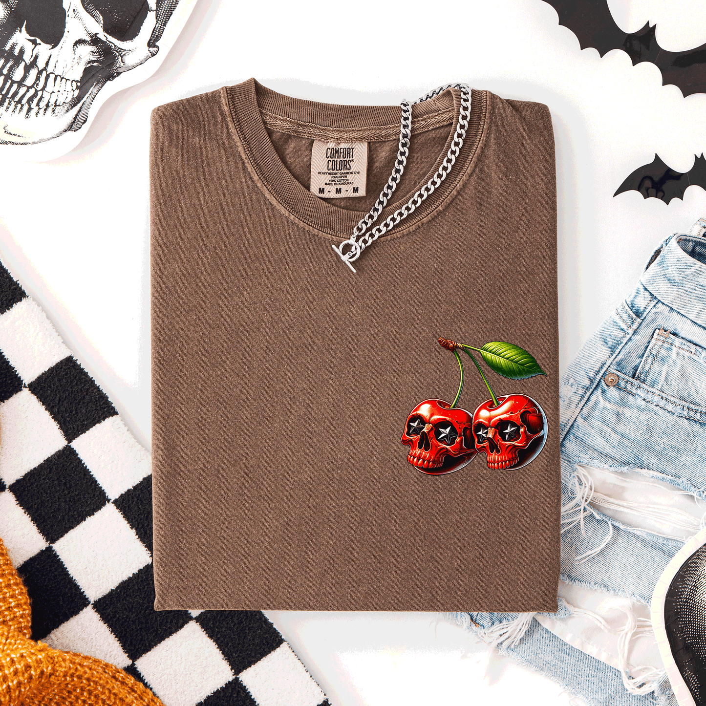 Spooky Skull Cherries, Halloween, Skeleton, Stars, Comfort Colors T-Shirt