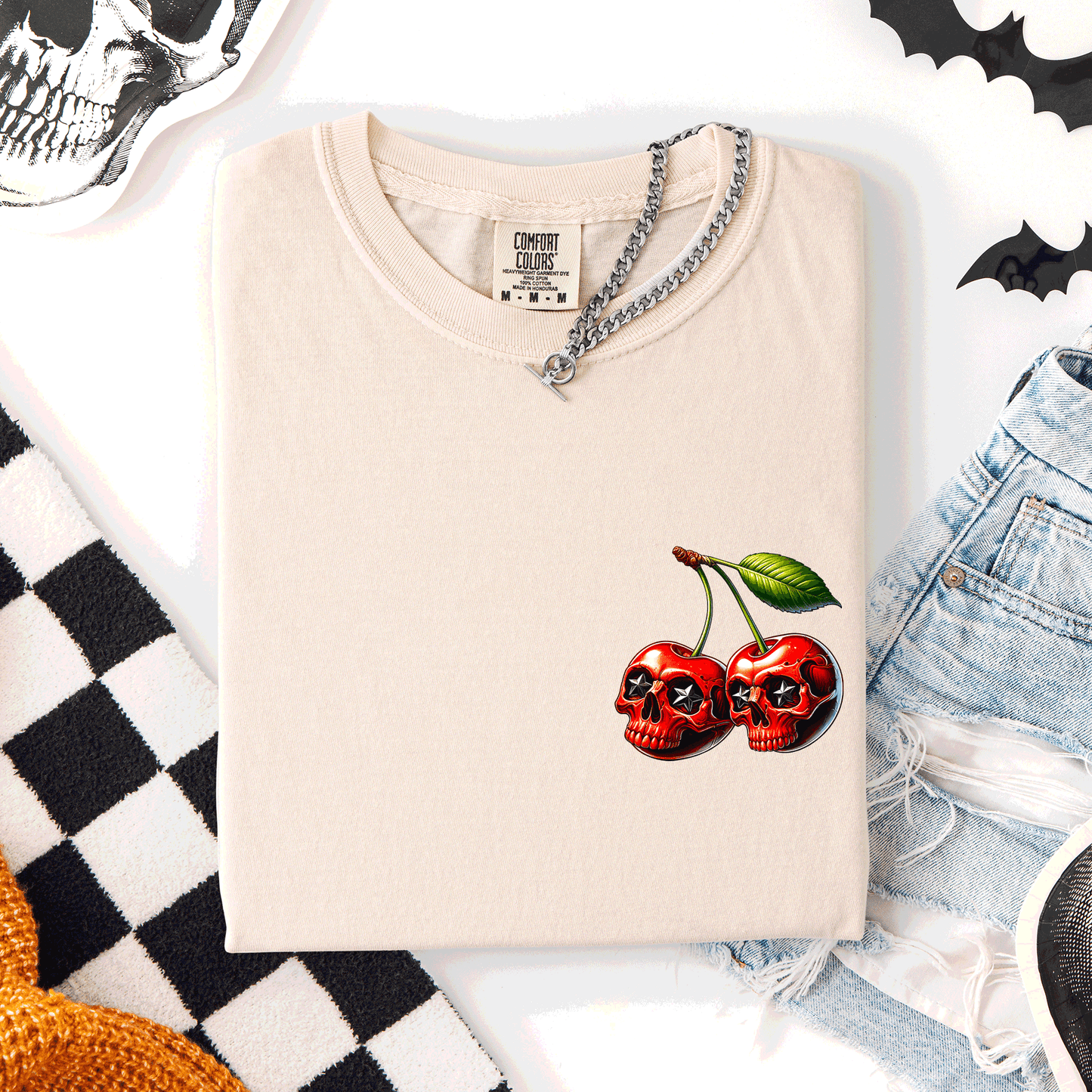 Spooky Skull Cherries, Halloween, Skeleton, Stars, Comfort Colors T-Shirt