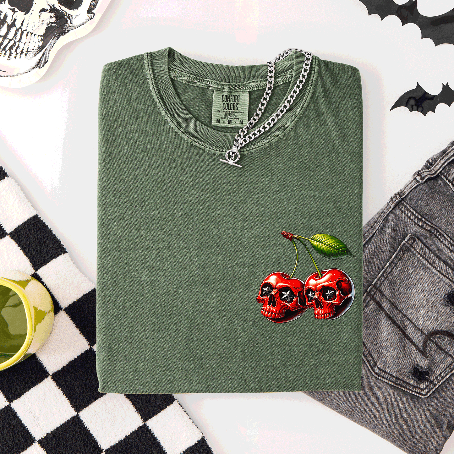 Spooky Skull Cherries, Halloween, Skeleton, Stars, Comfort Colors T-Shirt