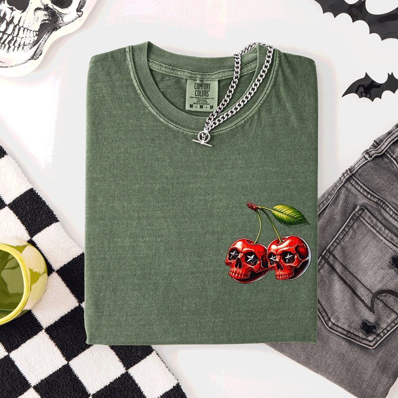 Spooky Skull Cherries Comfort Colors T-Shirt Halloween Skeleton Stars