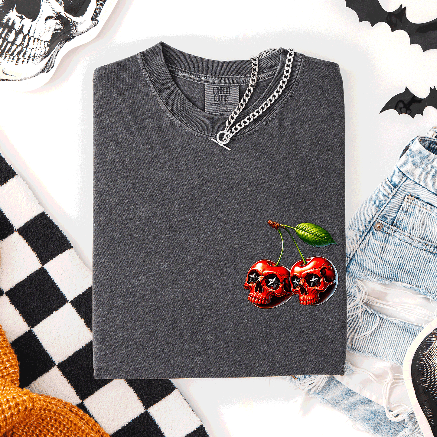 Spooky Skull Cherries, Halloween, Skeleton, Stars, Comfort Colors T-Shirt