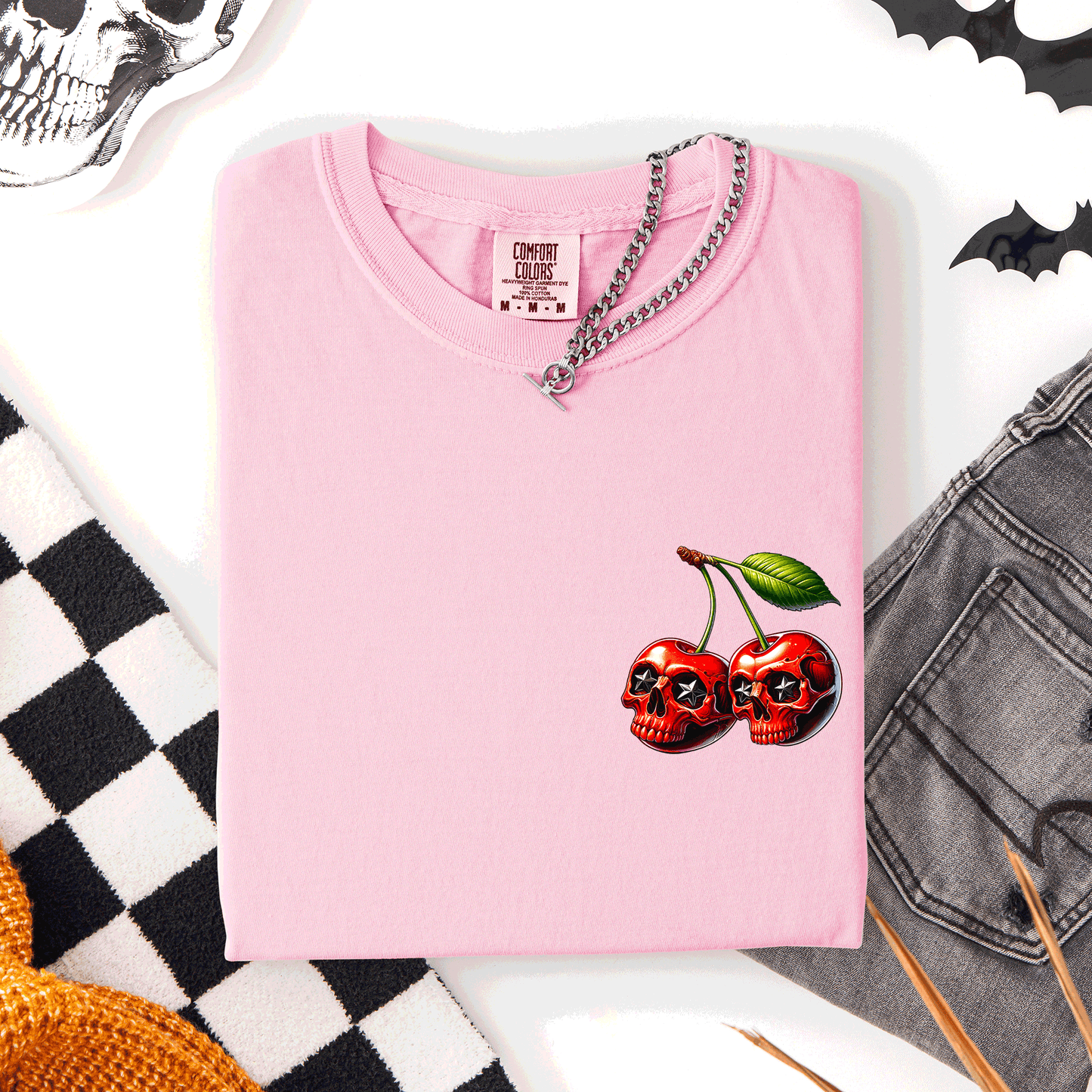 Spooky Skull Cherries, Halloween, Skeleton, Stars, Comfort Colors T-Shirt