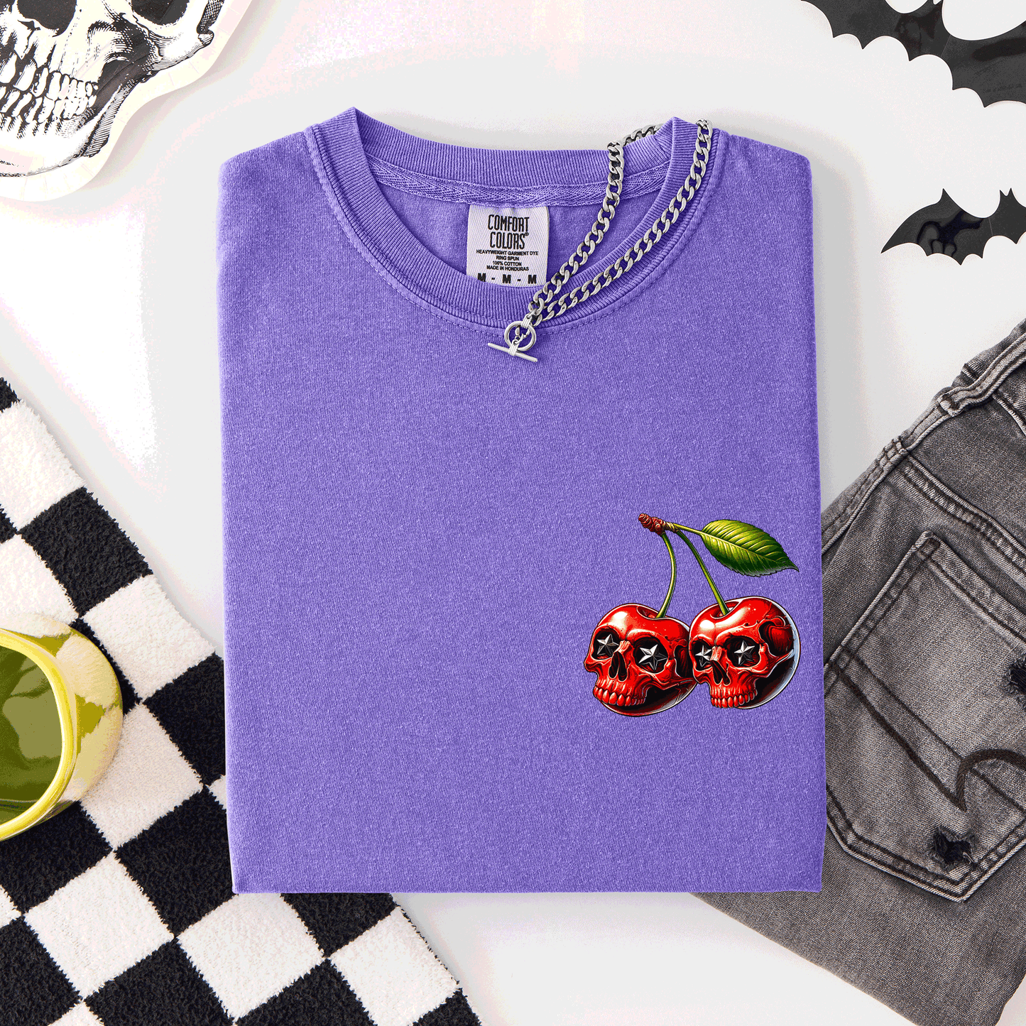 Spooky Skull Cherries, Halloween, Skeleton, Stars, Comfort Colors T-Shirt