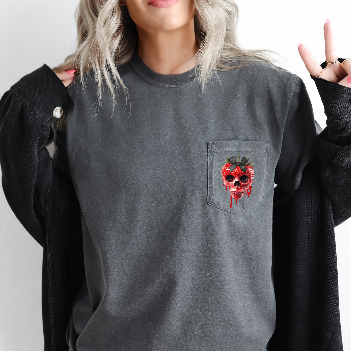 Spooky Strawberry Skeleton, Halloween, Creepy, Comfort Colors Pocket T-Shirt