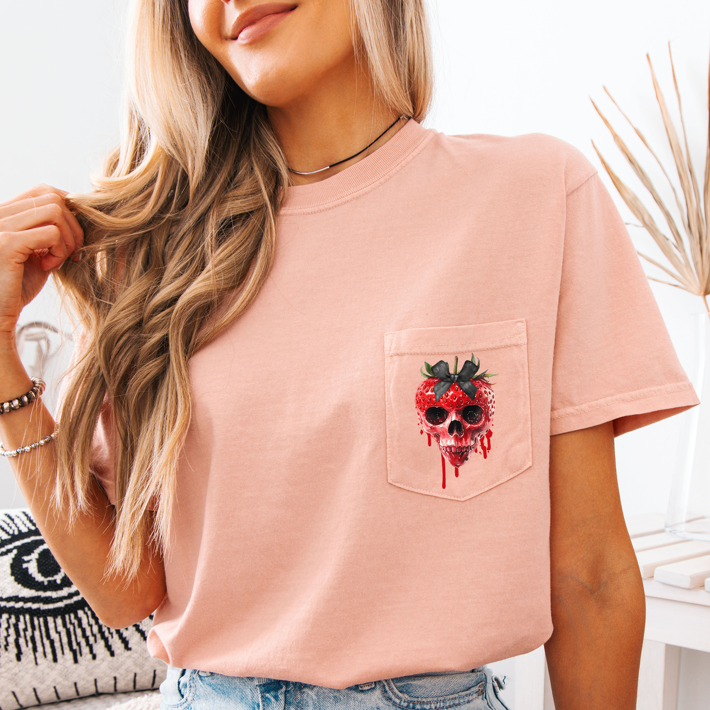 Spooky Strawberry Skeleton, Halloween, Creepy, Comfort Colors Pocket T-Shirt