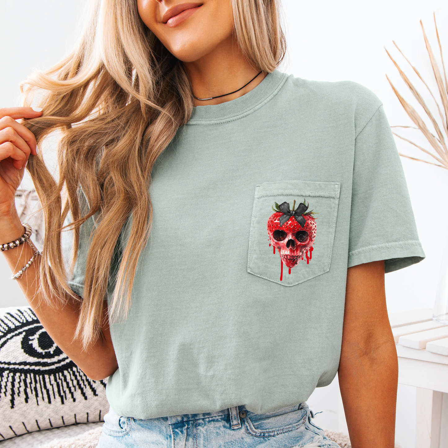 Spooky Strawberry Skeleton, Halloween, Creepy, Comfort Colors Pocket T-Shirt