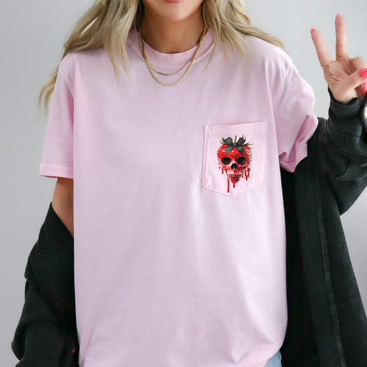 Spooky Strawberry Skeleton, Halloween, Creepy, Comfort Colors Pocket T-Shirt