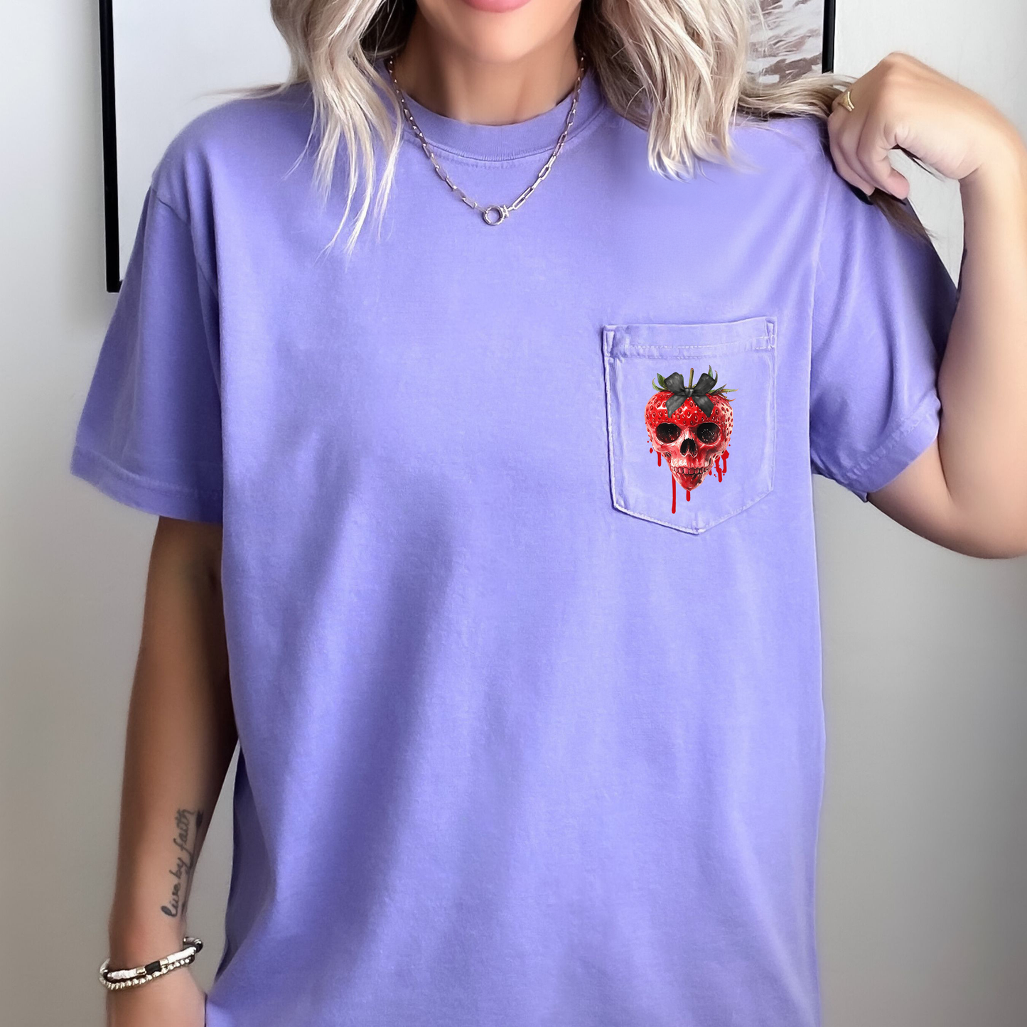 Spooky Strawberry Skeleton, Halloween, Creepy, Comfort Colors Pocket T-Shirt