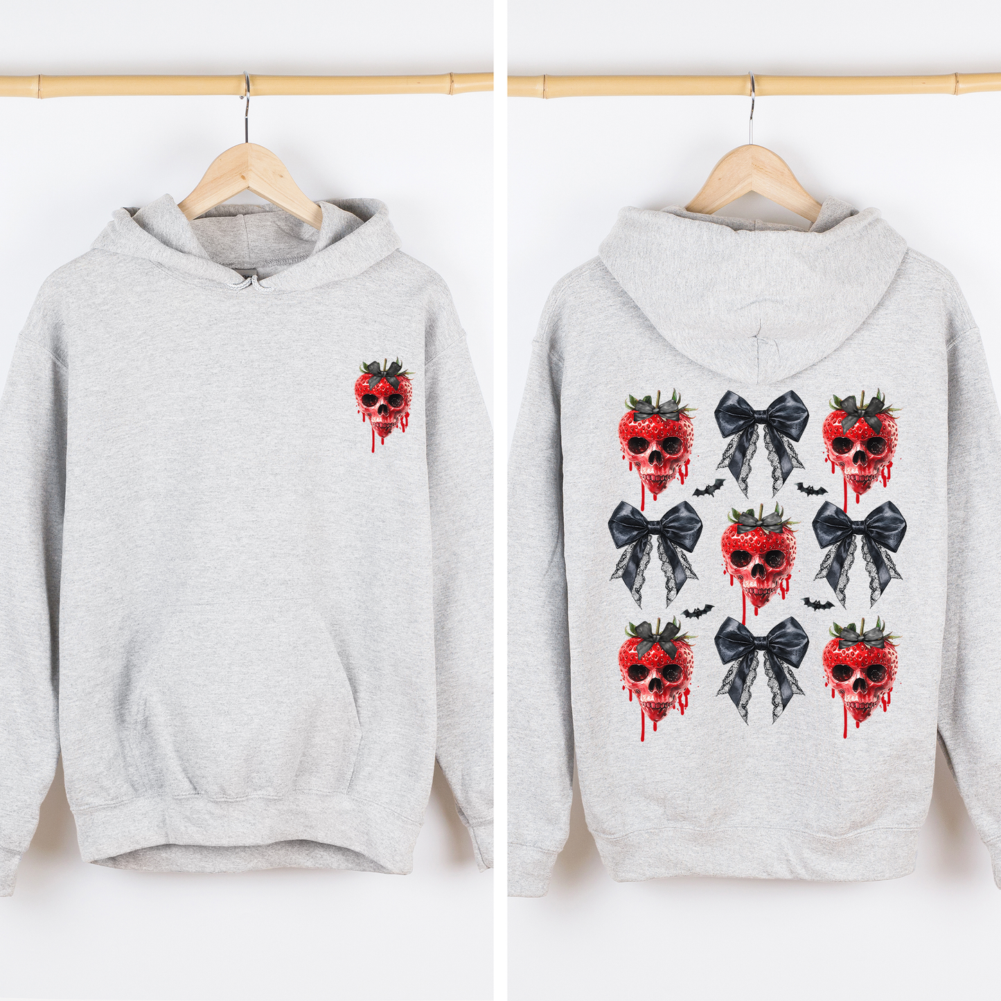 Spooky Strawberry Skeleton, Halloween, Creepy, Front and Back, Graphic Hoodie, Hooded Sweatshirt