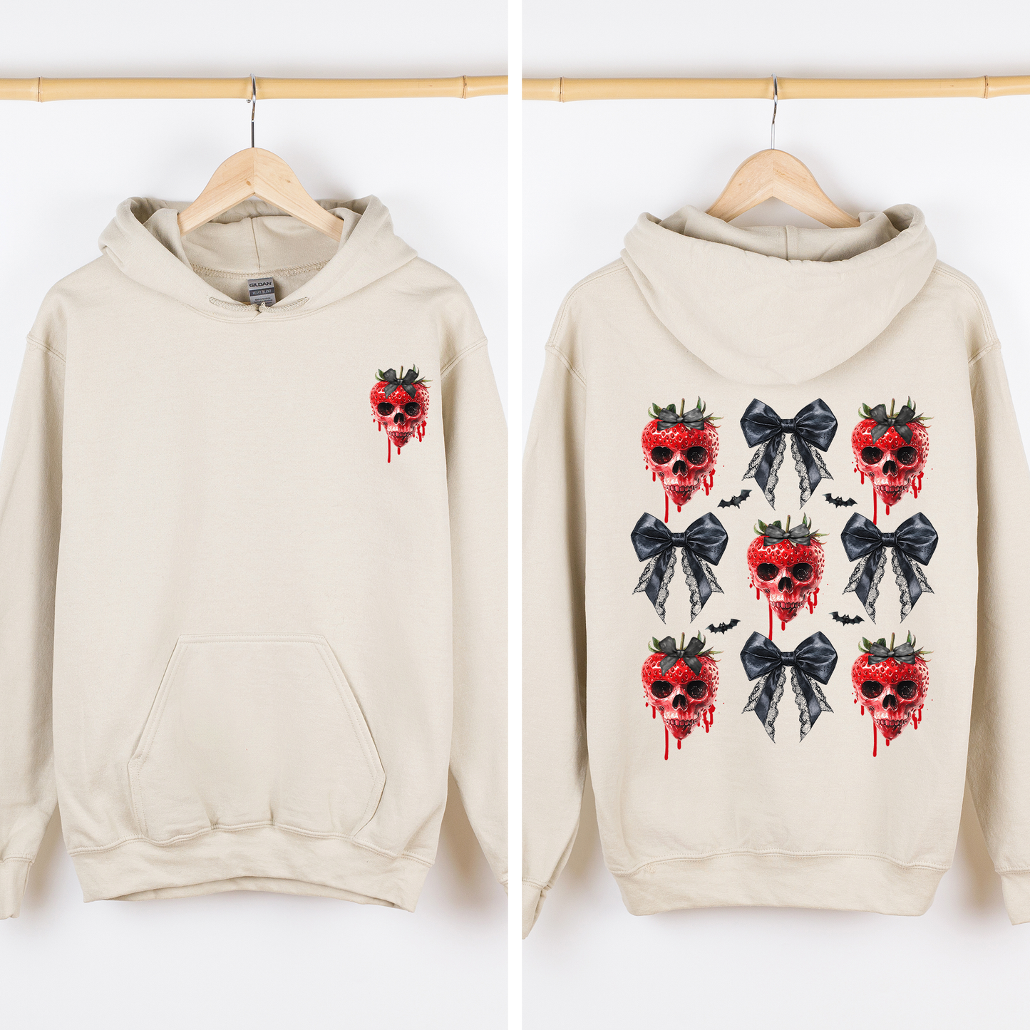 Spooky Strawberry Skeleton, Halloween, Creepy, Front and Back, Graphic Hoodie, Hooded Sweatshirt