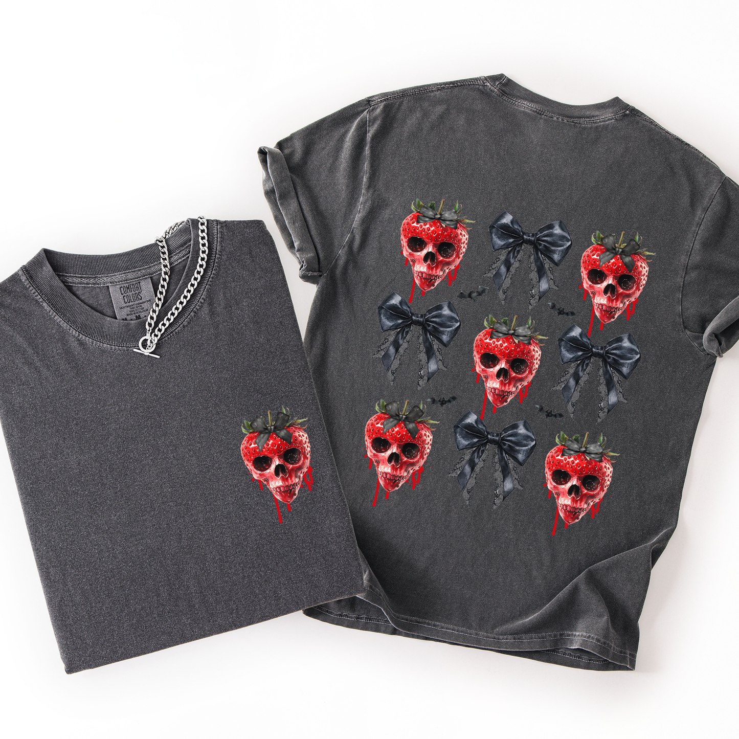 Spooky Strawberry Skeleton, Halloween, Creepy, Front and Back, Comfort Colors T-Shirt