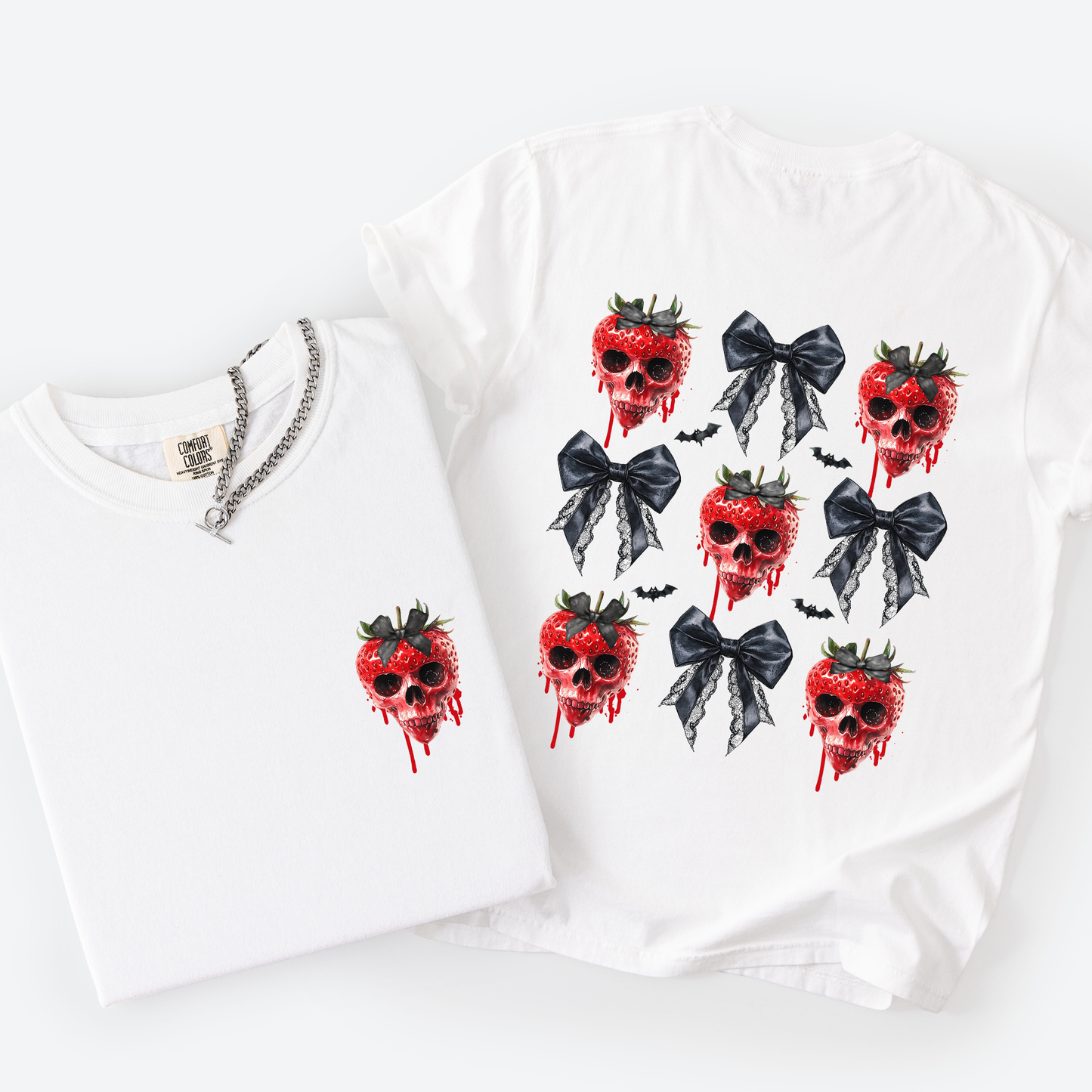 Spooky Strawberry Skeleton, Halloween, Creepy, Front and Back, Comfort Colors T-Shirt