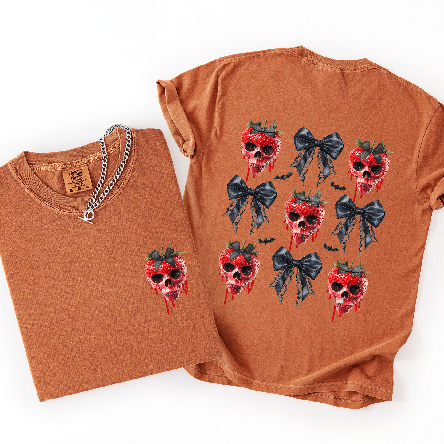 Spooky Strawberry Skeleton, Halloween, Creepy, Front and Back, Comfort Colors T-Shirt