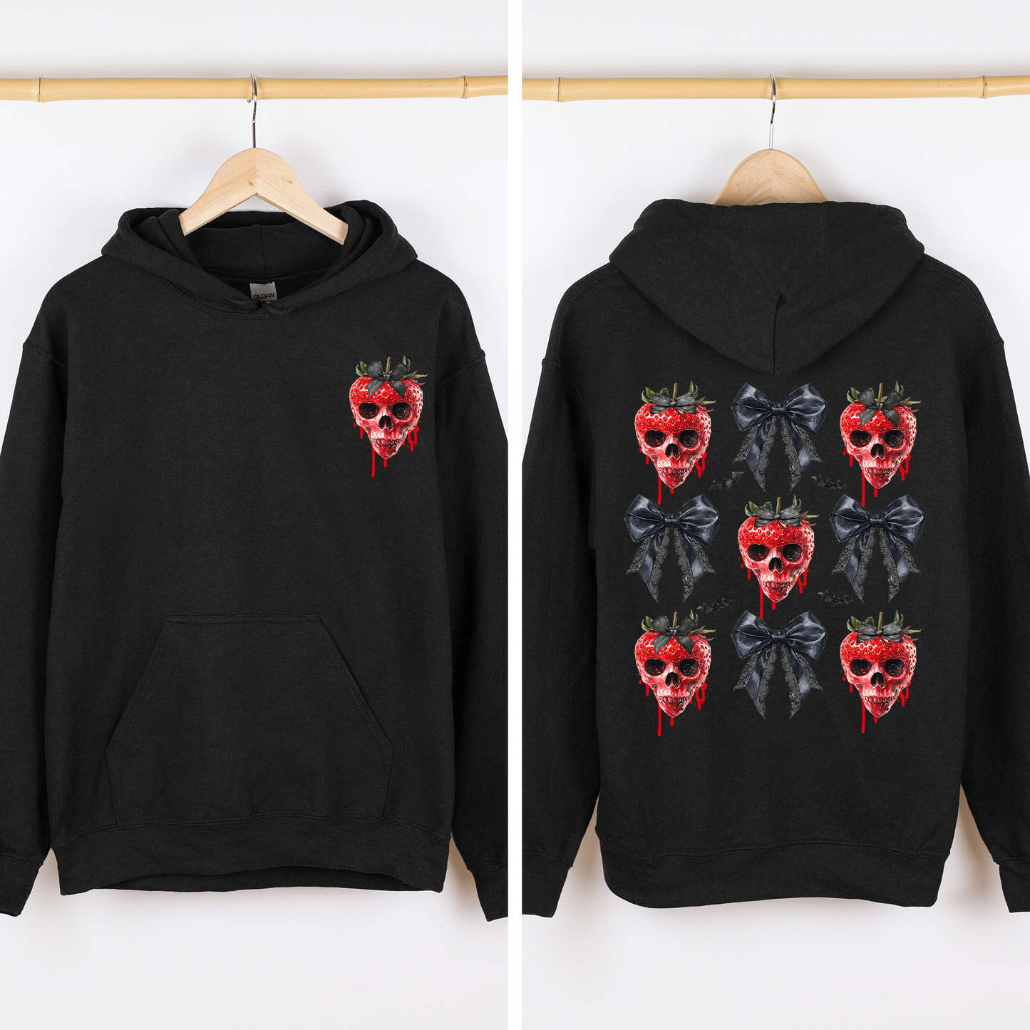 Spooky Strawberry Skeleton, Halloween, Creepy, Front and Back, Graphic Hoodie, Hooded Sweatshirt