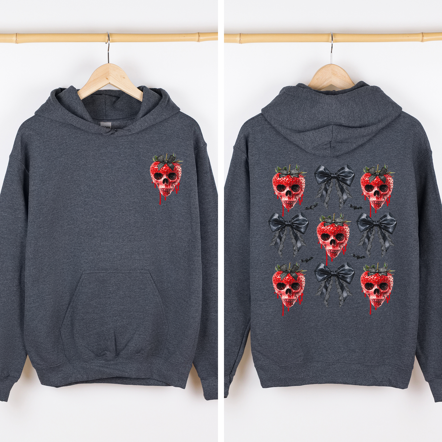 Spooky Strawberry Skeleton, Halloween, Creepy, Front and Back, Graphic Hoodie, Hooded Sweatshirt