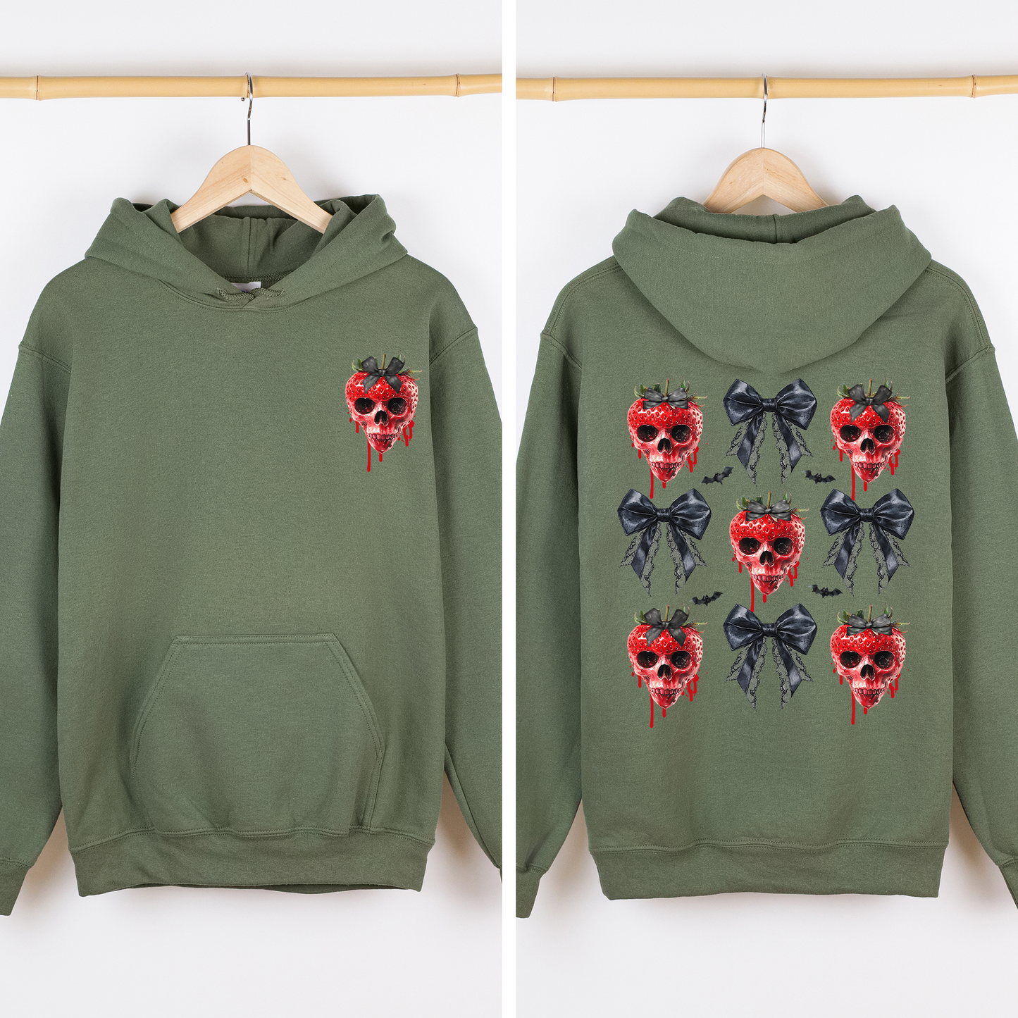 Spooky Strawberry Skeleton, Halloween, Creepy, Front and Back, Graphic Hoodie, Hooded Sweatshirt