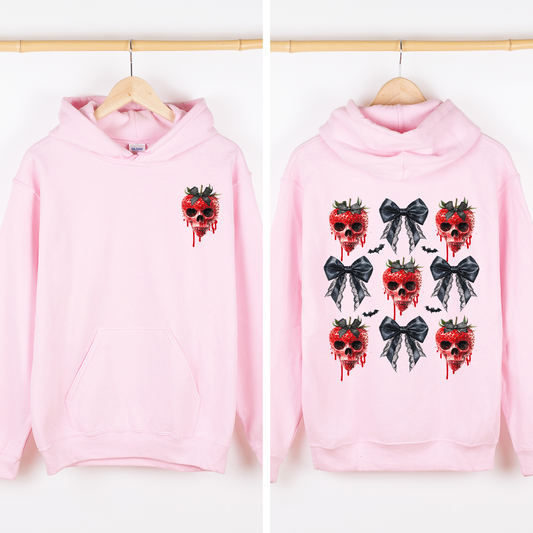 Spooky Strawberry Skeleton, Halloween, Creepy, Front and Back, Graphic Hoodie, Hooded Sweatshirt