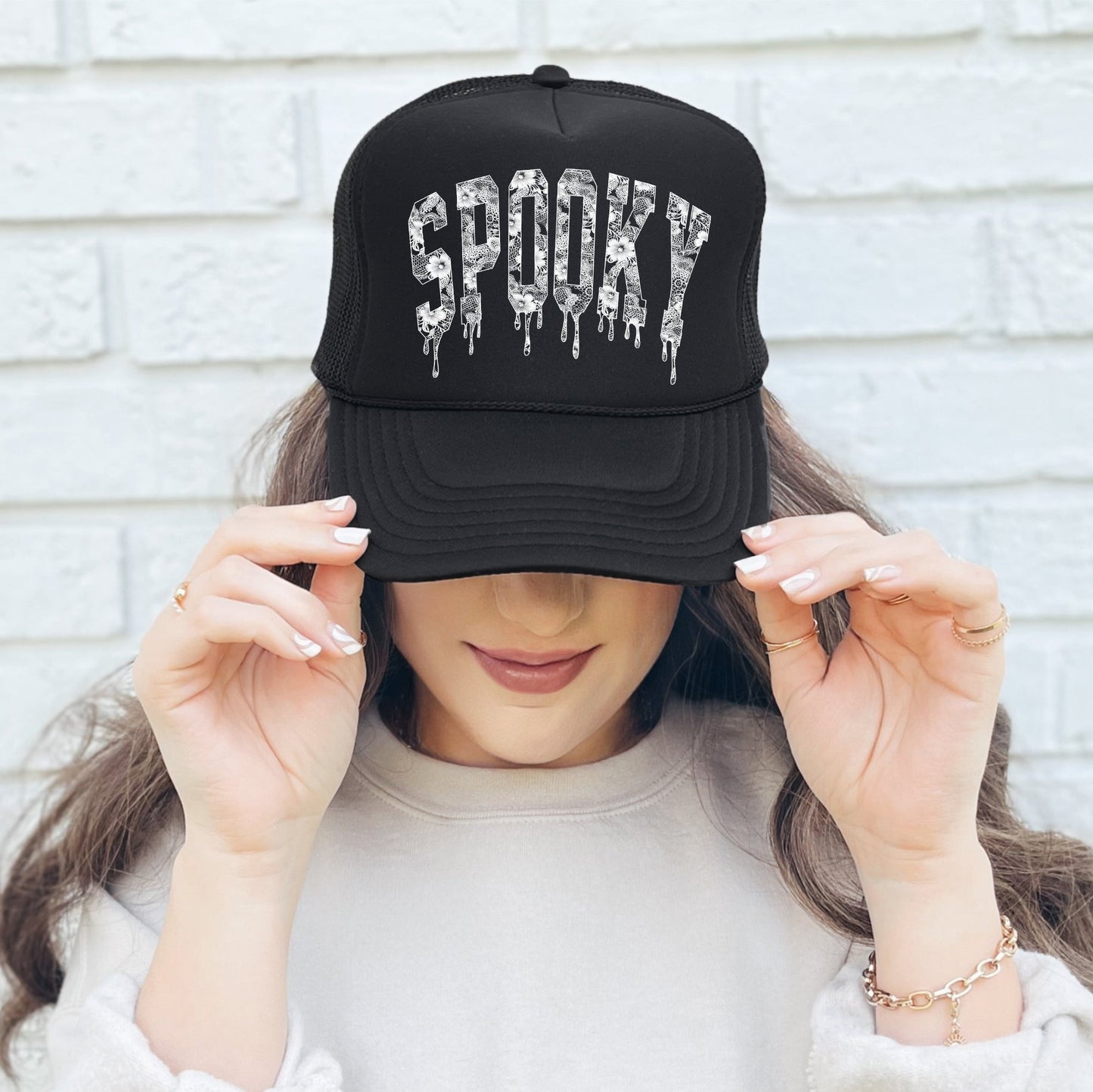 Spooky, Faux Lace, Halloween, Black Snapback Trucker Hat