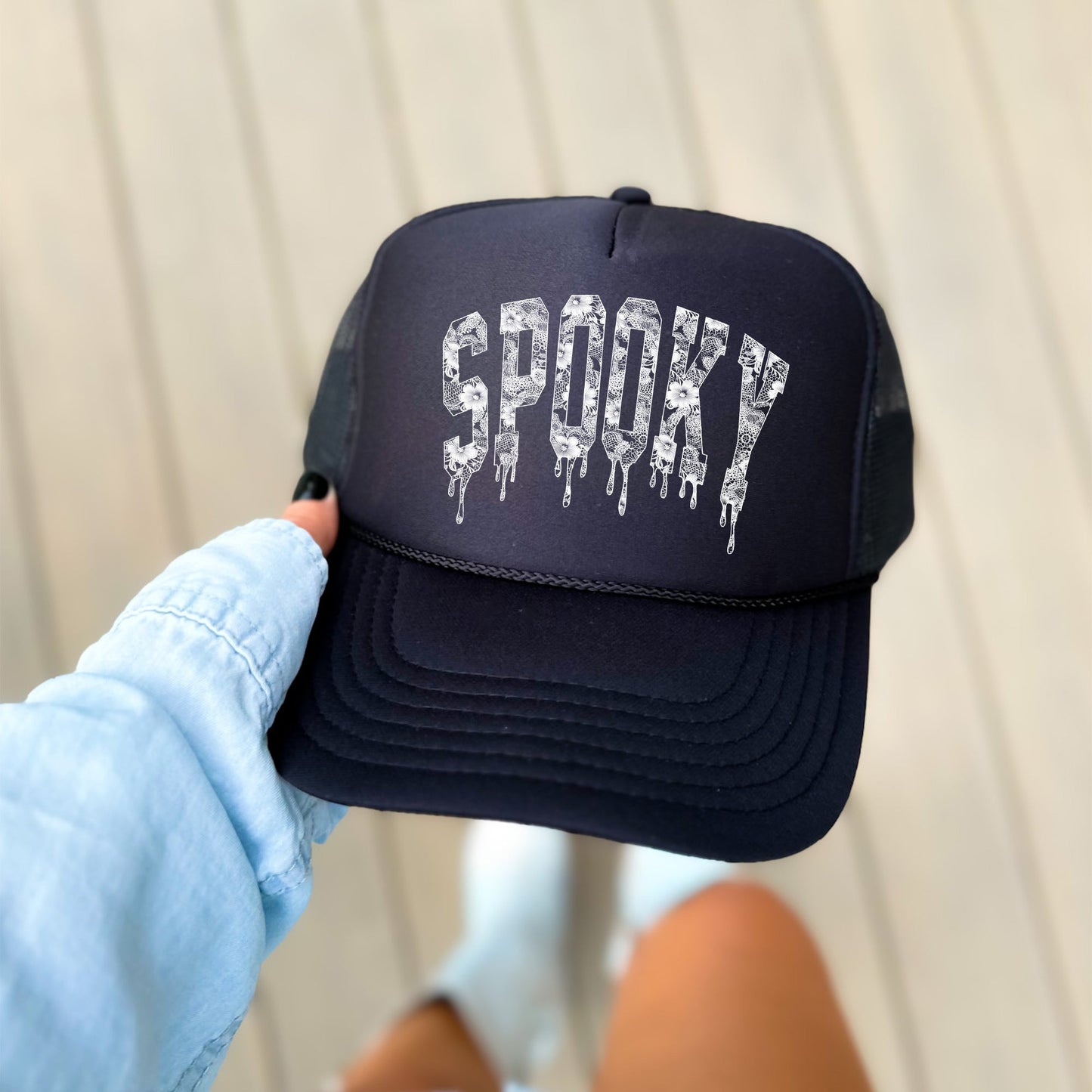 Spooky, Faux Lace, Halloween, Black Snapback Trucker Hat