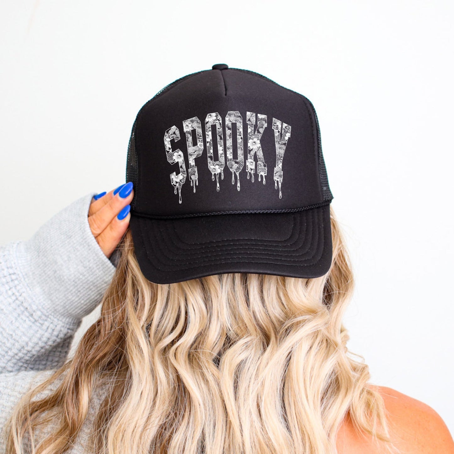 Spooky, Faux Lace, Halloween, Black Snapback Trucker Hat