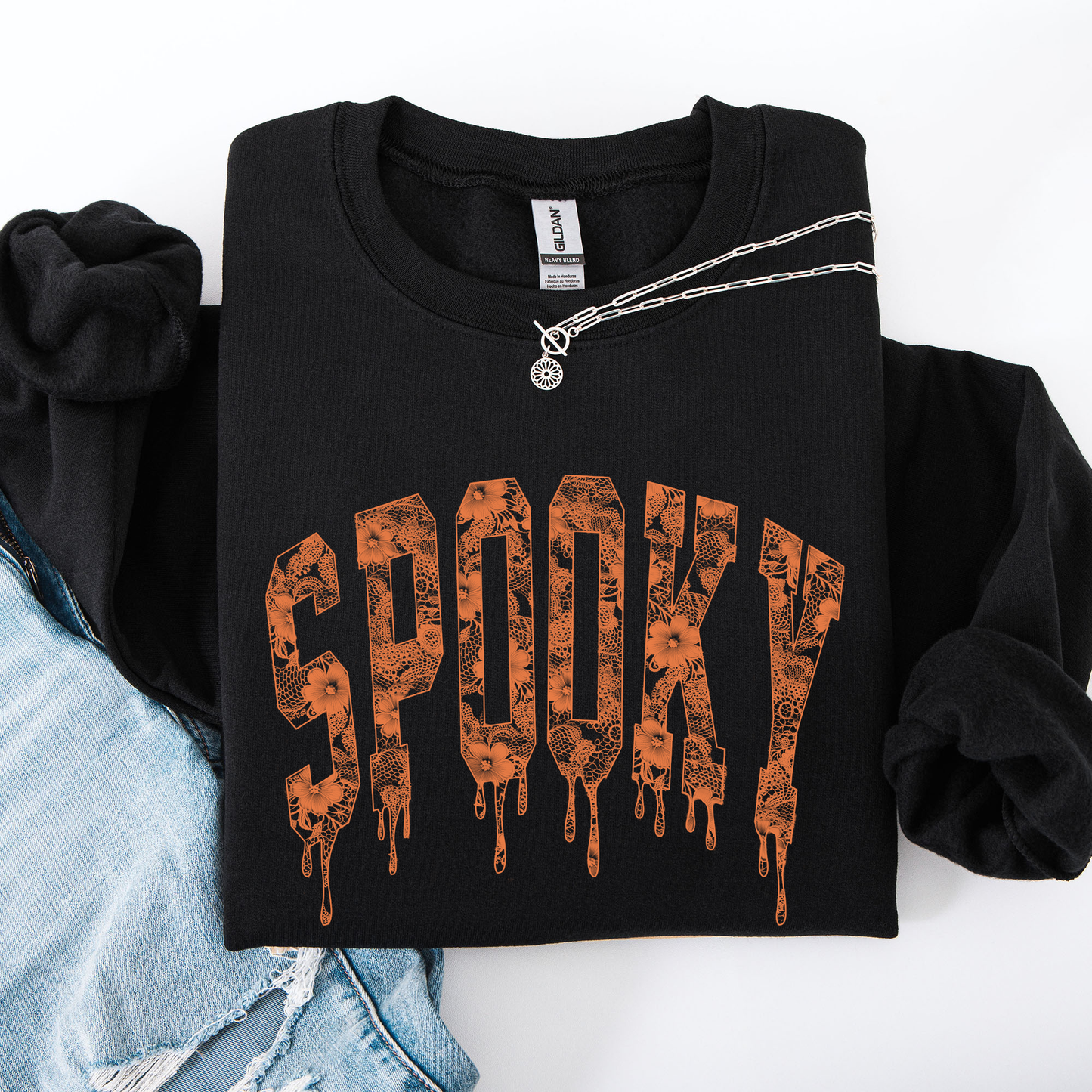 Spooky, Faux Lace, Halloween, Coquette Sweatshirt