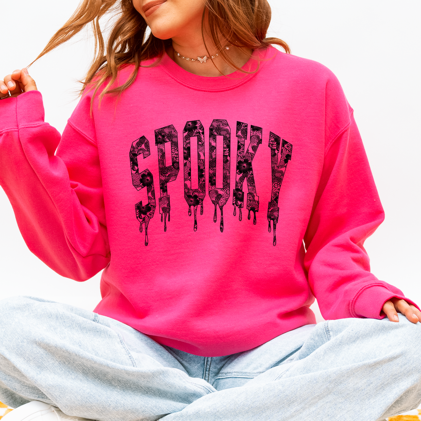 Spooky, Faux Lace, Halloween, Coquette Sweatshirt