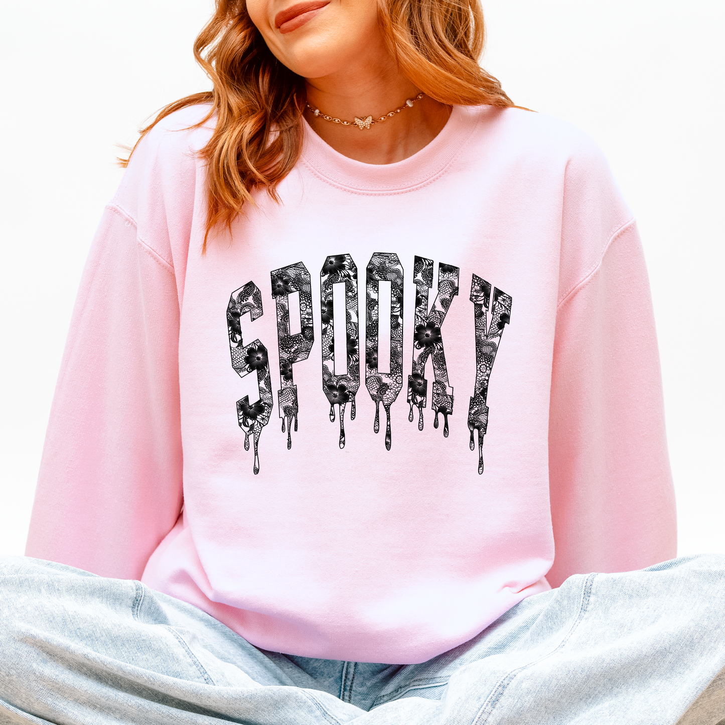 Spooky, Faux Lace, Halloween, Coquette Sweatshirt