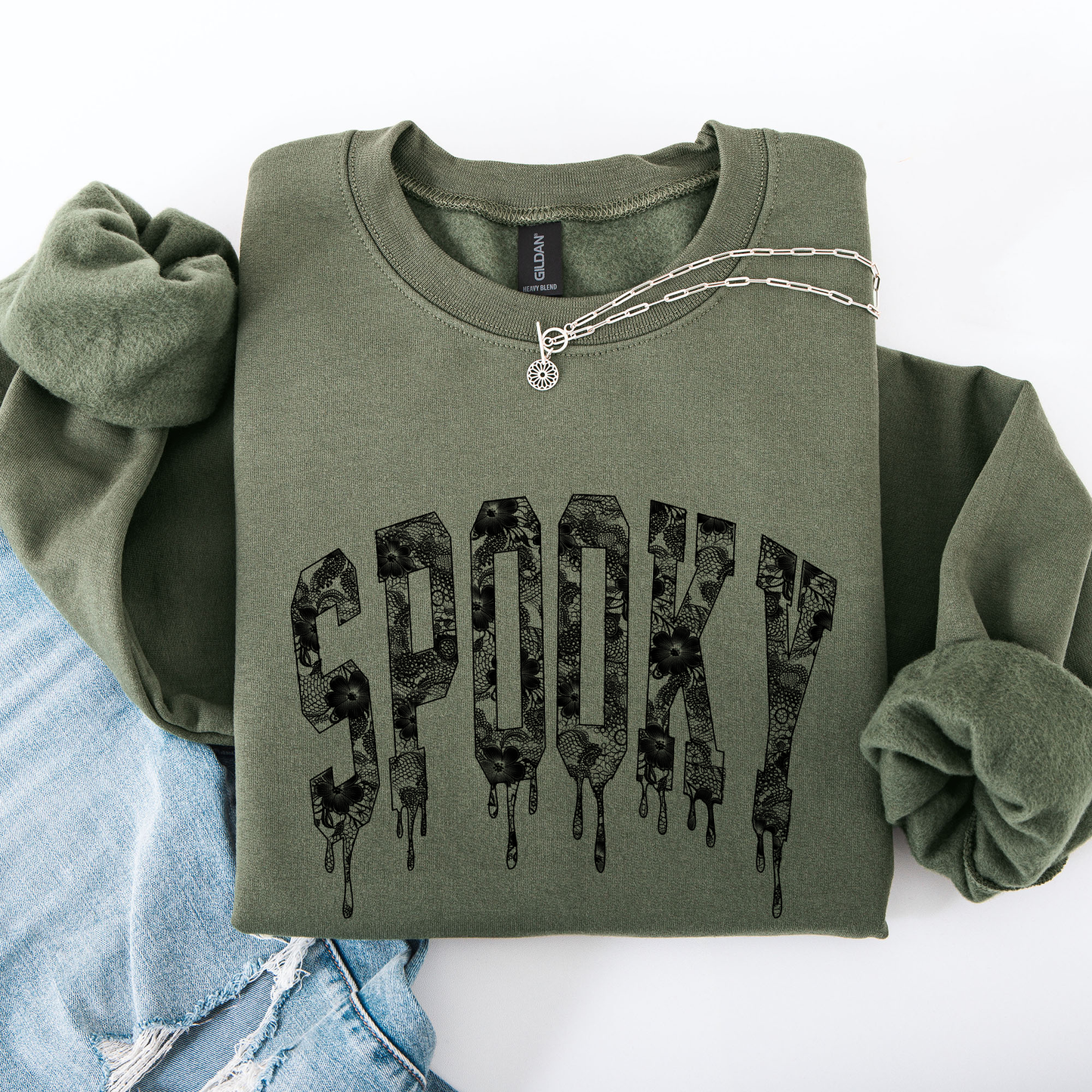 Spooky, Faux Lace, Halloween, Coquette Sweatshirt